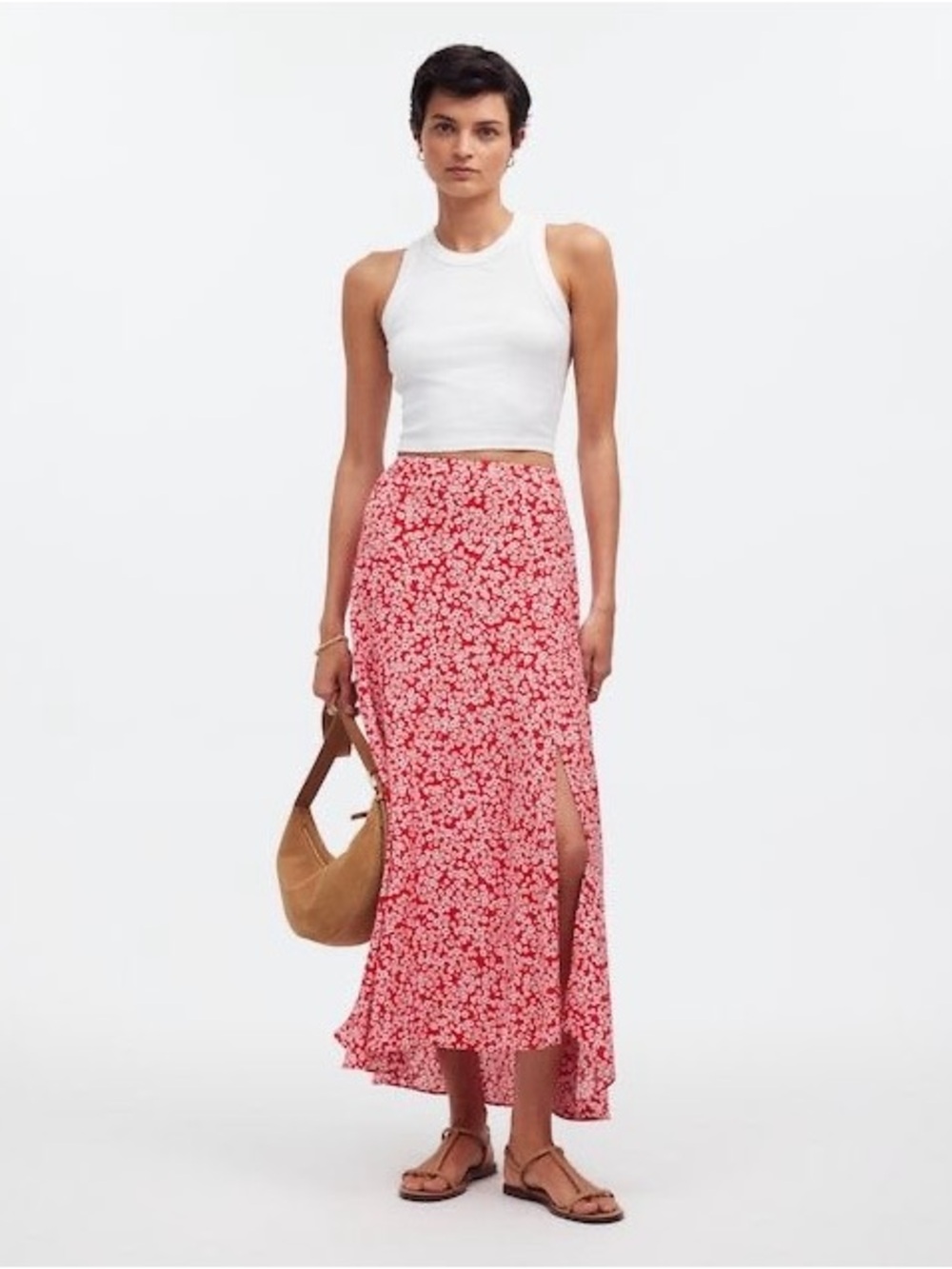 Midi Slip Skirt in Floral Red Ditsy Print